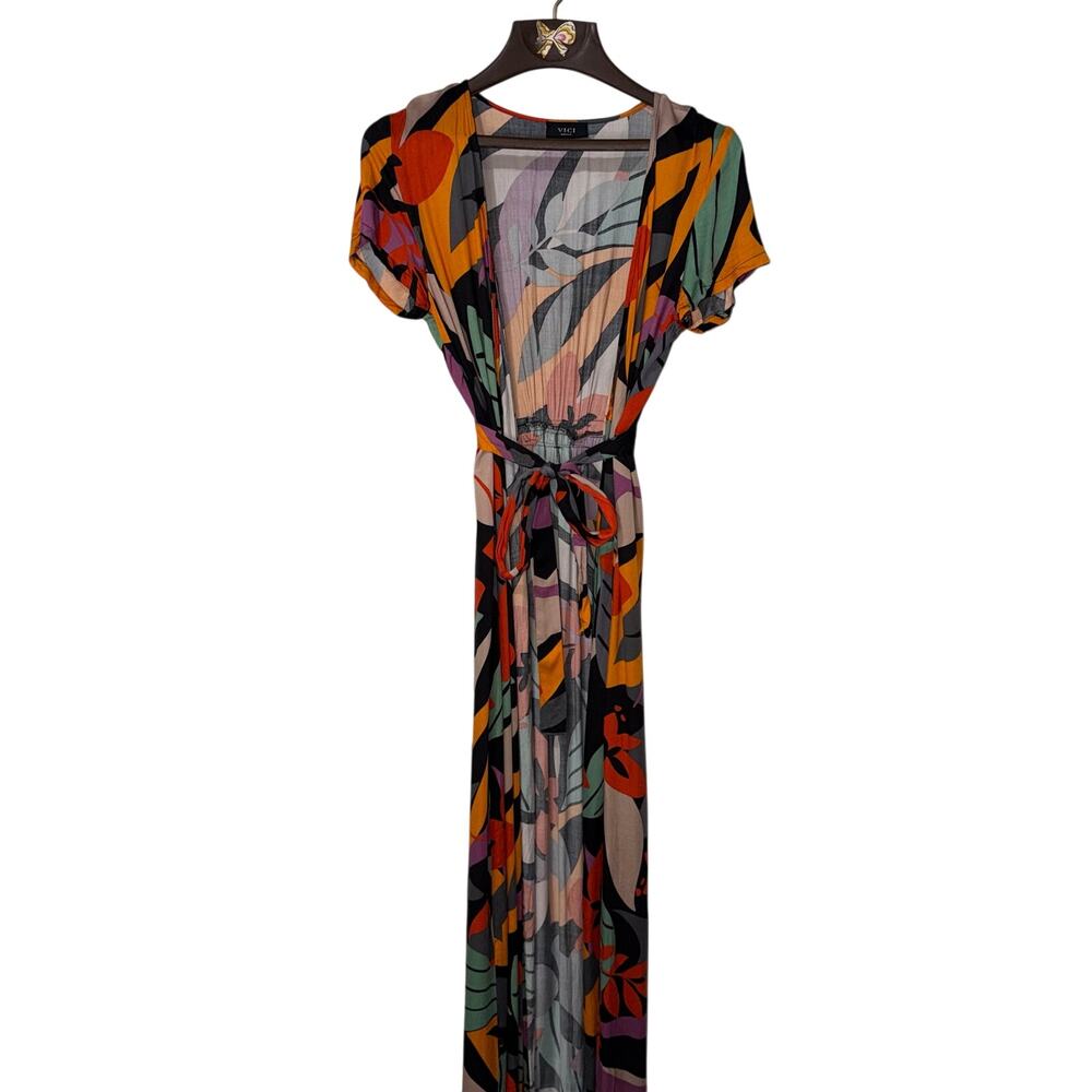 VICI Boho Maxi Open Front Dress Colorful Abstract Wrap Tie Waist Cover Up Kimono